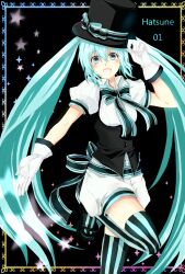  bad_id bad_pixiv_id blue_eyes blue_hair female gloves hat hatsune_miku highres kalian long_hair photoshop_(medium) solo striped_clothes striped_thighhighs thighhighs top_hat vertical-striped_clothes vertical-striped_thighhighs very_long_hair vocaloid 