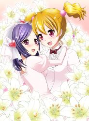  2girls bad_id bad_pixiv_id black_hair blonde_hair blush bow bridal_veil bride couple dress flower fresh_precure! groom higashi_setsuna highres hug lily_(flower) momozono_love multiple_girls photoshop_(medium) precure twintails veil wedding wedding_dress wife_and_wife yuri yuu_(derodero) 