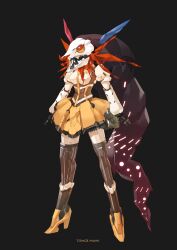  charlotte_(madoka_magica) commentary corset detached_sleeves gundam mahou_shoujo_madoka_magica mahou_shoujo_madoka_magica_(anime) mami_mogu_mogu mecha mechanization no_humans photoshop_(medium) pump_(pumpqmuq) robot simple_background solo spoilers striped thighhighs tomoe_mami tomoe_mami_(magical_girl) vertical_stripes weapon 