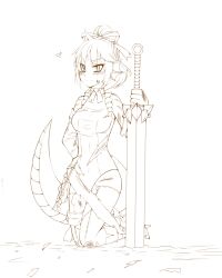  bad_id bad_pixiv_id belt blush boots bow female heart highres kneeling leotard lizardman_(monster_girl_encyclopedia) monster_girl monster_girl_encyclopedia reptile_girl ribbon scales scar short_hair side6667 solo sword tail torn_clothes weapon 