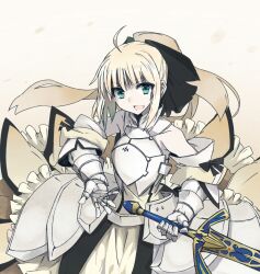  ahoge armor armored_dress artoria_pendragon_(fate) bad_id bad_pixiv_id blonde_hair caliburn_(fate) commentary detached_sleeves dress fate/stay_night fate/unlimited_codes fate_(series) female gauntlets green_eyes open_mouth ponytail saber_lily smile solo sword vane_(vane0) weapon 