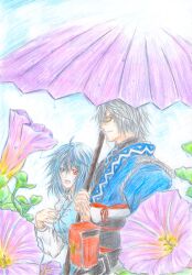  1boy bad_id bad_pixiv_id blue_eyes blue_hair colored_pencil_(medium) commentary_request female flower glasses grey_hair heterochromia holding holding_umbrella morichika_rinnosuke morning_glory pink_flower pink_umbrella purple_umbrella rain red_eyes shared_umbrella straight tatara_kogasa touhou traditional_media umbrella yellow_eyes you_(esparda) 