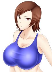  blue_sports_bra breasts brown_eyes brown_hair commentary_request do_konjouuo female kazama_asuka large_breasts lingerie short_hair simple_background solo sports_bra tekken underwear 