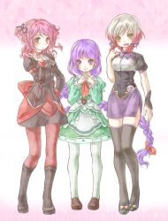  3girls alternate_costume bad_id bad_pixiv_id black_legwear boots braid brown_eyes cheria_barnes colette_brunel colette_brunel_(cosplay) colette_brunel_(maid) colette_brunel_(maid)_(cosplay) cosplay dress green_legwear in-franchise_crossover judith_(glamorous_maid)_(tales) judith_(glamorous_maid)_(tales)_(cosplay) judith_(tales) judith_(tales)_(cosplay) knee_boots long_hair multicolored_hair multiple_girls official_alternate_costume painttool_sai_(medium) pantyhose pascal_(tales) pink_hair purple_eyes purple_hair purple_skirt red_hair red_legwear ribbon rick_(milklion) short_hair skirt sophie_(tales) tales_of_(series) tales_of_graces tales_of_symphonia tales_of_the_abyss tales_of_vesperia tear_grants tear_grants_(cosplay) tear_grants_(proud_maid) tear_grants_(proud_maid)_(cosplay) thighhighs twintails two-tone_hair very_long_hair white_hair 