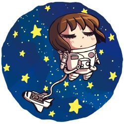  brown_hair chibi closed_eyes commentary_request female hagiwara_yukiho idolmaster idolmaster_(classic) lowres riyo_(lyomsnpmp) short_hair solo space space_shuttle spacecraft spacesuit star_(symbol) 