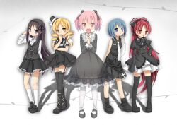  5girls akemi_homura alternate_costume black_hair blonde_hair blue_hair boots chinese_commentary commentary_request dress drill_hair flower food gothic_lolita hair_ribbon hairband hat kaname_madoka lolita_fashion long_hair mahou_shoujo_madoka_magica mahou_shoujo_madoka_magica_(anime) miki_sayaka multiple_girls necktie pink_hair pocky red_hair ribbon rose sakura_kyoko short_hair short_twintails silveroid sleeveless thigh_boots thighhighs tomoe_mami twin_drills twintails vest 