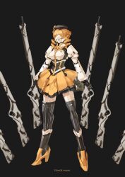  commentary corset drill_hair female gun gundam magical_musket mahou_shoujo_madoka_magica mahou_shoujo_madoka_magica_(anime) mecha mechanization no_humans photoshop_(medium) pump_(pumpqmuq) rifle robot simple_background solo striped thighhighs tomoe_mami tomoe_mami_(magical_girl) twin_drills twintails vertical_stripes weapon 