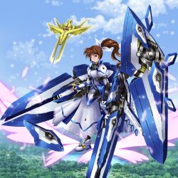  armor blue_eyes brown_hair commentary_request female fortress_(nanoha) gadowiiru hair_ribbon highres long_hair lyrical_nanoha magical_girl mahou_senki_lyrical_nanoha_force photoshop_(medium) raising_heart raising_heart_(standalone_flight_mode) ribbon shoes side_ponytail strike_cannon takamachi_nanoha very_long_hair weapon winged_footwear wings 