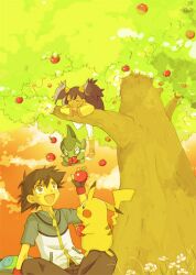  apple apples axew backpack bag black_hair brown_eyes closed_eyes closed_eyes flower food fruit happy iris_(pokemon) lolicon pikachu pokemon pokemon_(anime) pokemon_(game) pokemon_black_and_white pokemon_bw purple_hair randoseru satoshi_(pokemon) smile tree 