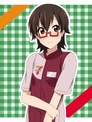  7-eleven bad_id bad_pixiv_id brown_eyes cosplay employee_uniform female glasses ikari_manatsu k-on! manabe_nodoka photoshop_(medium) red-framed_eyewear semi-rimless_eyewear short_hair smile solo standing under-rim_eyewear uniform upper_body 