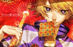  1boy blonde_hair commentary_request hebino_rai ivan_karelin jacket letterman_jacket male_focus mouth_hold oil-paper_umbrella paper parasol purple_eyes purple_jacket shippou_(pattern) solo tiger_&amp;_bunny umbrella 