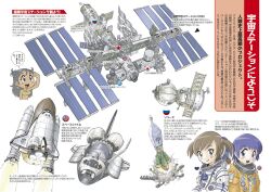  3girls commentary_request international_space_station kiichi miura_akane_(rocket_girls) morita_matsuri morita_yukari multiple_girls rocket_girls soyuz space_shuttle spacecraft spacesuit translation_request twintails 