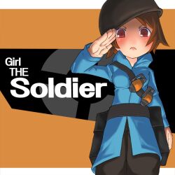  bandolier blu_soldier_(tf2) blush brown_eyes brown_hair commentary_request english_text explosive female frown genderswap_(mtf) grenade helmet jacket military military_uniform mr_kunimitsu photoshop_(medium) rule_63 salute short_hair soldier_(tf2) solo team_fortress_2 uniform 