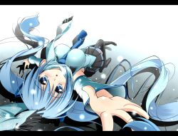  blue_eyes blue_hair colorized commentary_request detached_sleeves female foreshortening hatsune_miku highres koshi-kun letterboxed long_hair mikeou necktie outstretched_arm reaching scarf skirt solo thighhighs twintails upside-down very_long_hair vocaloid yuki_miku yuki_miku_(2011) 