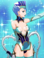  bare_shoulders blue_eyes blue_hair blue_rose breasts cleavage commentary_request crystal_earrings earrings elbow_gloves female gloves hat jewelry karina_lyle kkr lipstick makeup medium_breasts photoshop_(medium) short_hair solo superhero_costume thighhighs tiger_&amp;_bunny 