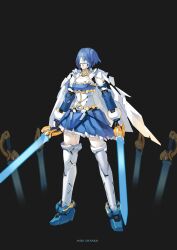  cape commentary dual_wielding energy_sword gundam holding magical_girl mahou_shoujo_madoka_magica mahou_shoujo_madoka_magica_(anime) mecha mechanization miki_sayaka miki_sayaka_(magical_girl) no_humans photoshop_(medium) pump_(pumpqmuq) robot solo sword thighhighs weapon white_cape 