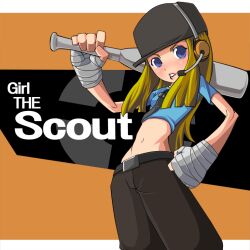  bandaged_hand bandages baseball_bat belt blonde_hair blu_scout_(tf2) blu_scout_(tf2)_(cosplay) blue_eyes blush commentary_request cosplay crop_top dog_tags english_text female genderswap_(mtf) hat headset holding holding_baseball_bat lipstick long_hair makeup midriff mr_kunimitsu navel open_mouth photoshop_(medium) rule_63 scout_(tf2) solo team_fortress_2 teeth weapon 