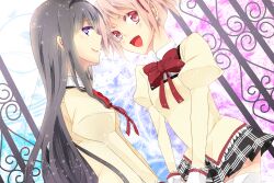  2girls akemi_homura bad_neck black_hair commentary_request kaname_madoka long_hair mahou_shoujo_madoka_magica mahou_shoujo_madoka_magica_(anime) mitakihara_school_uniform mosa multiple_girls pink_eyes pink_hair purple_eyes ribbon school_uniform 