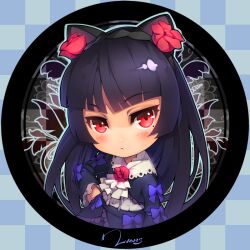  animal_ears black_hair cat_ears chibi commentary_request dress female flower gokou_ruri gothic_lolita hair_flower hair_ornament hairband lolita_fashion lolita_hairband long_hair looking_at_viewer lvans mole mole_under_eye ore_no_imouto_ga_konna_ni_kawaii_wake_ga_nai photoshop_(medium) red_eyes solo tsurime 