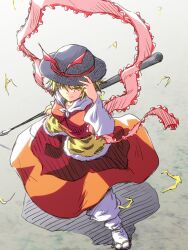  bishamonten&#039;s_spear blonde_hair commentary_request cosplay dress female full_body futatsuki_hisame hat hat_ribbon nagae_iku nagae_iku_(cosplay) photoshop_(medium) polearm ribbon shawl solo spear toramaru_shou touhou weapon yellow_eyes 