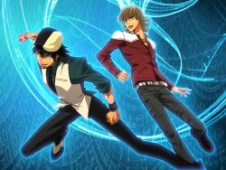  2boys aqua_eyes barnaby_brooks_jr. belt blonde_hair blue_eyes boots bracelet brown_hair cabbie_hat commentary_request facial_hair glasses glowing glowing_eyes hat jacket jewelry kaburagi_t._kotetsu kkr male_focus multiple_boys necklace necktie photoshop_(medium) red_jacket stubble studded_belt tiger_&amp;_bunny vest watch wristwatch 