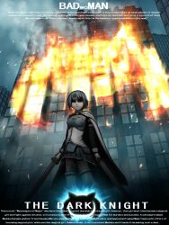  batman_(series) blue_hair building burning burning_building cape commentary_request dc_comics dual_wielding english_text female fire holding kyuubee magical_girl mahou_shoujo_madoka_magica mahou_shoujo_madoka_magica_(anime) miki_sayaka miki_sayaka_(magical_girl) movie_poster poster_(medium) shaded_face short_hair silhouette solo spoilers sword the_dark_knight thighhighs weapon yasutake 