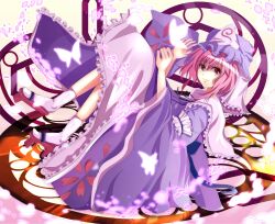  bad_id bad_pixiv_id bug butterfly female geta hat highres japanese_clothes kimono light_smile petals pink_eyes pink_hair purple_kimono saigyouji_yuyuko short_hair solo touhou velia 