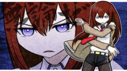  black_shorts blue_eyes brown_hair commentary_request female jacket long_hair makise_kurisu necktie pantyhose pantyhose_under_shorts red_necktie shorts solo standing steins;gate tonda zoom_layer 