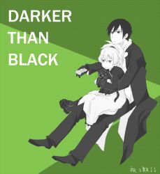  black_cat black_cat_(animal) controller couple darker_than_black feline hei hug hug_from_behind mao_(darker_than_black) remote remote_control sitting yin 