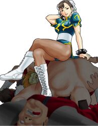  4boys blanka boots brown_eyes brown_hair capcom china_dress chinese_clothes chun-li double_bun double_buns dress earrings female jewelry looking_at_viewer m_bison multiple_boys pantyhose qipao ryu ryuu_(street_fighter) simple_background smile street_fighter vega white_background zangief 