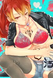  ao_no_exorcist bad_id bad_pixiv_id belt belt_buckle bikini bikini_top_only breasts buckle cutoffs denim denim_shorts female grey_shorts heart highres jacket kirigakure_shura large_breasts leather leather_jacket long_hair multicolored_hair noppo photoshop_(medium) ponytail pout red_eyes red_hair short_shorts shorts skull sleeves_rolled_up solo swimsuit tattoo thighhighs two-tone_hair 