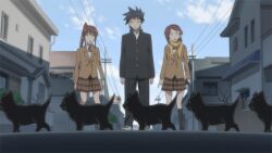  1boy 2girls animal_focus animated animated anime_screenshot black_cat blazer feline gakuran jacket kiss_x_sis multiple_girls non-web_source outdoors ponytail scarf school_uniform siblings sisters suminoe_ako suminoe_keita suminoe_riko twins 