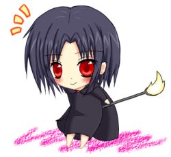  black_hair blush cape chibi demon&#039;s_souls dress female fire from_software lowres maiden_in_black ransyuga red_eyes short_hair solo souls_(from_software) staff 