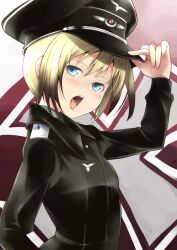  blonde_hair blue_eyes commentary_request erica_hartmann female hat highres military military_uniform multicolored_hair nishiide_kengorou peaked_cap short_hair solo strike_witches tongue tongue_out two-tone_hair uniform world_witches_series 