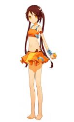  arancia bad_id bad_pixiv_id barefoot brown_hair female flat_chest food francisco_valle fruit full_body highres holding holding_food holding_fruit long_hair midriff navel orange_(fruit) orange_eyes orange_skirt original simple_background skirt smile solo standing twintails 