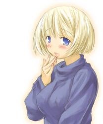  blonde_hair blue_eyes blush bob_cut breasts casual covered_nipples female hand_to_own_mouth kasuga_yukihito large_breasts phalanx_(sekaiju) phalanx_2_(sekaiju) sekaiju_no_meikyuu sekaiju_no_meikyuu_3 solo sweater upper_body 