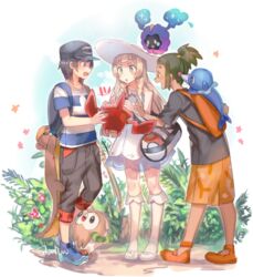  2boys backpack bag baseball_cap black_eyes black_hair blonde_hair braid capri_pants cosmog dark_skin dark_skinned_male dress duffel_bag gen_4_pokemon gen_7_pokemon green_eyes green_hair hat hau_(pokemon) lillie_(pokemon) long_hair multiple_boys naru_(andante) open_mouth pants pokedex pokemon pokemon_(creature) pokemon_(game) pokemon_sm ponytail popplio rotom rotom_dex rowlet see-through shirt short_hair shorts sleeveless sleeveless_dress striped striped_shirt sun_hat twin_braids white_dress white_hat you_(pokemon) yungoos 