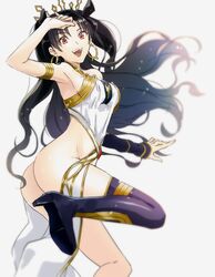  :d arm_warmers armpits ass bad_id bad_twitter_id bare_shoulders black_hair bottomless breasts crown earrings fate/grand_order fate_(series) female high_heels hinatsu ishtar_(fate) jewelry long_hair long_legs looking_at_viewer medium_breasts open_mouth orange_eyes sideboob simple_background single_arm_warmer single_thighhigh smile solo teeth thighhighs white_background 