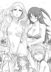  2boys 3girls accelerator_(toaru_majutsu_no_index) aiwass angel archangel_gabriel_(toaru) breasts choker commentary_request greyscale halo inoichi kakine_teitoku kazakiri_hyouka large_breasts long_hair magic medium_breasts medium_hair monochrome multiple_boys multiple_girls slingshot_swimsuit swimsuit thumbs_up toaru_majutsu_no_index toaru_majutsu_no_index:_old_testament 