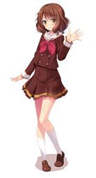  brown_eyes brown_hair brown_serafuku buttons commentary_request double-breasted female full_body hibike!_euphonium highres kitauji_high_school_uniform light_smile loafers neckerchief oumae_kumiko photoshop_(medium) red_neckerchief school_uniform serafuku shoes short_hair socks solo standing waving white_background white_socks yoruda 