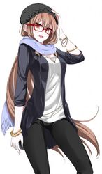  brown_hair commentary_request female glasses hat lindoh_flores long_hair original red-eyes_macadamiachoco red_eyes scarf solo 