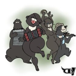  1:1 accordion anthro bear black_bear black_body black_fur breasts closed_eyes clothing darkboss ear_piercing family featureless_breasts featureless_crotch female fiddle fur green_eyes group hair hair_over_eye hat headgear headwear heart_symbol male mammal moon_bear musical_instrument nude one_eye_obstructed percussion_instrument piercing remi_(darkboss) smile smoking_pipe tambourine topwear ursine vest washboard white_body white_fur wide_hips 