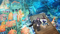  2girls :d bad_id bad_pixiv_id black_legwear blonde_hair blue_eyes boots building cape city cityscape fault fingerless_gloves from_above gloves hairband immersed konatsu_hare long_hair looking_at_viewer lying multiple_girls official_art open_mouth pleated_skirt purple_eyes purple_hair ritona_reighnvhasta selphine_rughzenhaide shadow skirt smile standing thighhighs underwater_city wind zettai_ryouiki 