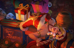  absurdres alternate_costume alternate_hair_color alternate_hairstyle ambitious_elf_jinx blonde_hair candy candy_cane christmas commentary female food freckles gift hat highres jinx_(league_of_legends) league_of_legends looking_at_viewer lying monori_rogue naughty_face on_back pantyhose photoshop_(medium) santa_hat solo tongue tongue_out 