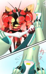  absurdres antennae blush buzzwole carrying celesteela chibi_yawawa commentary_request heart heart-shaped_eyes highres insect_wings muscular no_humans open_mouth pokemon pokemon_(creature) princess_carry wings 