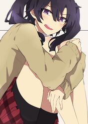  blush commentary_request enomoto_takane female hugging_own_legs kagerou_project long_hair purple_eyes purple_hair ringomaru school_uniform sleeves_past_wrists solo twintails 