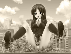  akiyama_mio blazer building cloud eichikei_(hakuto) female giant giantess jacket k-on! kneehighs loafers monochrome open_mouth panties pantyshot photoshop_(medium) sakuragaoka_high_school_uniform school_uniform sepia shoes sitting skirt sky socks solo striped_clothes striped_panties underwear 