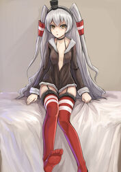  absurdres amatsukaze_(kancolle) bed breasts brown_eyes choker commentary dress feet female fuuko_chan garter_straps grey_hair hair_tubes hairband highres kantai_collection long_hair looking_at_viewer no_shoes open_clothes open_dress red_thighhighs sailor_dress short_dress sitting small_breasts solo striped_clothes striped_thighhighs thighhighs two_side_up zettai_ryouiki 