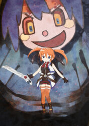  bad_id bad_pixiv_id blue_eyes cross_mirage female gloves gun hair_ribbon kouno_hikaru lyrical_nanoha mahou_shoujo_lyrical_nanoha_strikers mahou_shoujo_madoka_magica mahou_shoujo_madoka_magica_(anime) orange_hair orange_thighhighs parody ribbon solo_focus style_parody subaru_nakajima teana_lanster thighhighs twintails weapon 