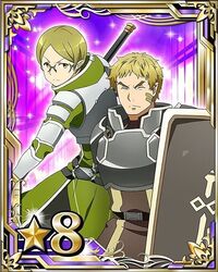  2boys armor bad_source blonde_hair breastplate card_(medium) closed_eyes facial_mark glasses green_hair holding holding_weapon looking_at_viewer male_focus multiple_boys official_art pauldrons pointy_ears polearm shield shoulder_armor star_(symbol) sword_art_online sword_art_online:_code_register talken_(sao) tecchi_(sao) weapon yellow_eyes 